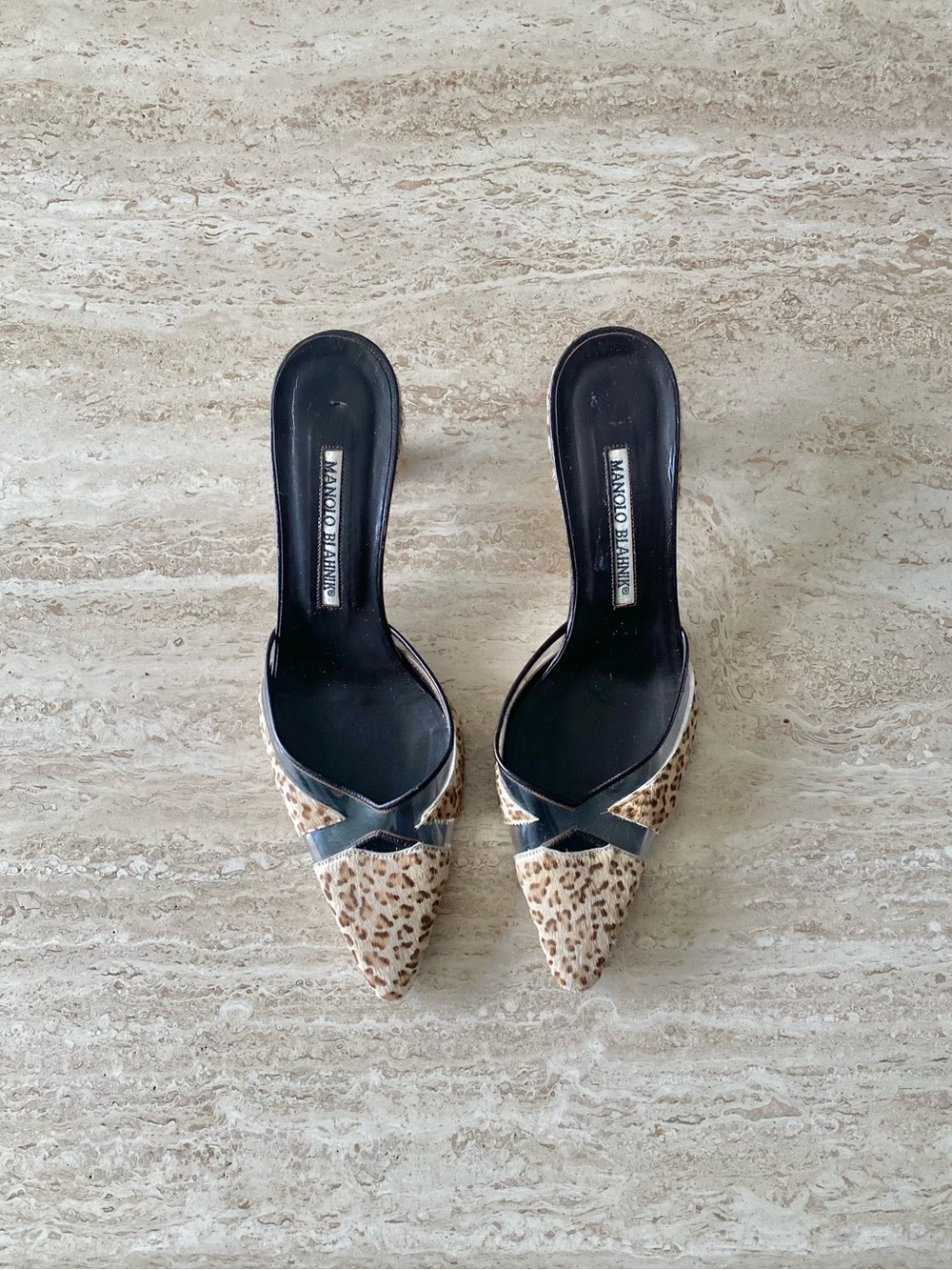 Vintage Manolo Blahnik Leopard Pony Hair PVC Mule Heels